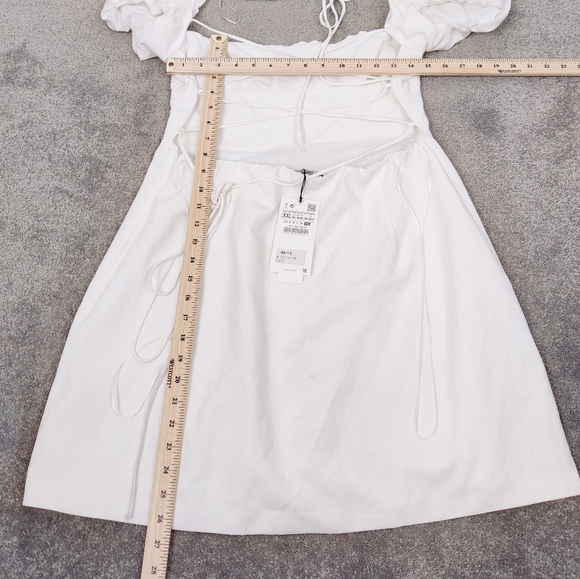 Zara Women's White Linen Blend Dress Size XXL Puff Sleeve Ruched Square Neck NEW - Picture 8 of 13